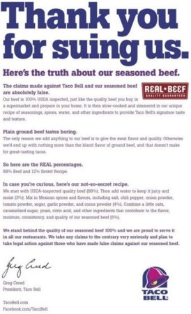 Taco Bell ответила на иск о качестве мяса рекламной кампанией