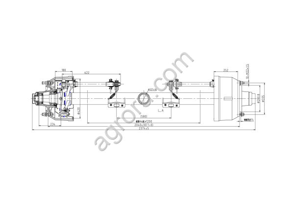 Ось 12т 2040мм с АБС (круглая балка Ф127) HJ Bridge HJS12Z023S2040N230