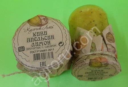 Киви, апельсин, лимон протертые с сахаром, МИКС